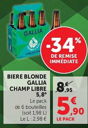 BIERE BLONDE GALLIA CHAMP LIBRE 5,8° Le pack de 6 bouteilles (soit 1,98 L) Le L : 2,98 €