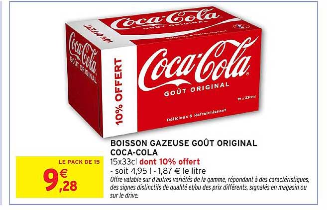 BOISSON GAZEUSE GOÛT ORIGINAL COCA-COLA 15x33cl dont 10% offert