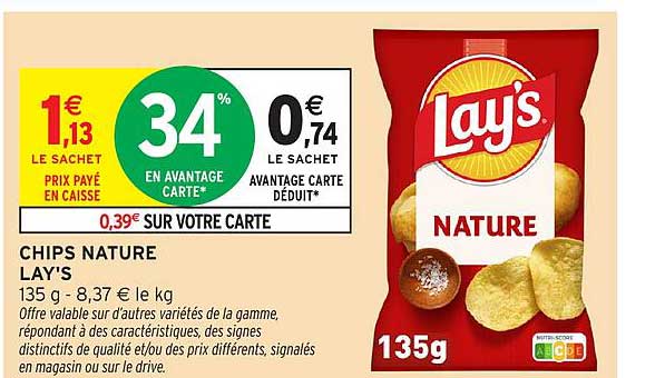 CHIPS NATURE LAY'S 135 g - 8,37 € le kg