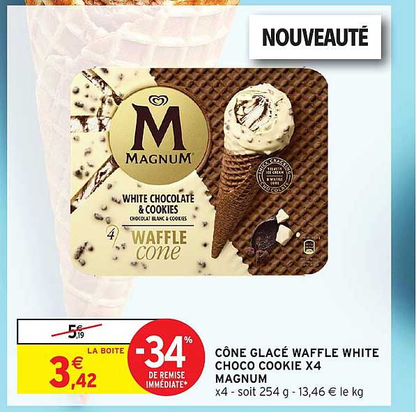 CÔNE GLACÉ WAFFLE WHITE CHOCO COOKIE X4 MAGNUM