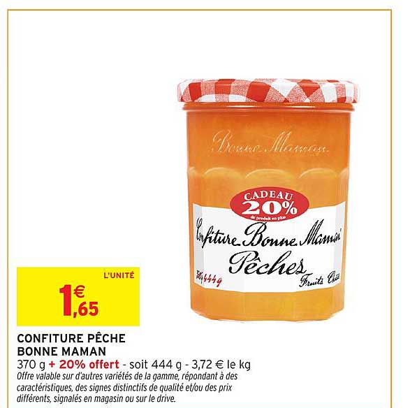 CONFITURE PÊCHE BONNE MAMAN 370 g + 20% offert - soit 444 g - 3,72 € le kg