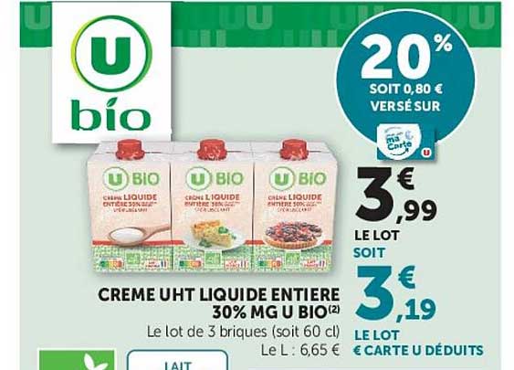 CREME UHT LIQUIDE ENTIERE 30% MG U BIO