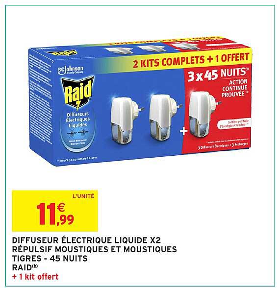 DIFFUSEUR ÉLECTRIQUE LIQUIDE X2 RÉPULSE MOUSTIQUES ET MOUSTIQUES TIGRES - 45 NUITS RAID® + 1 kit offert