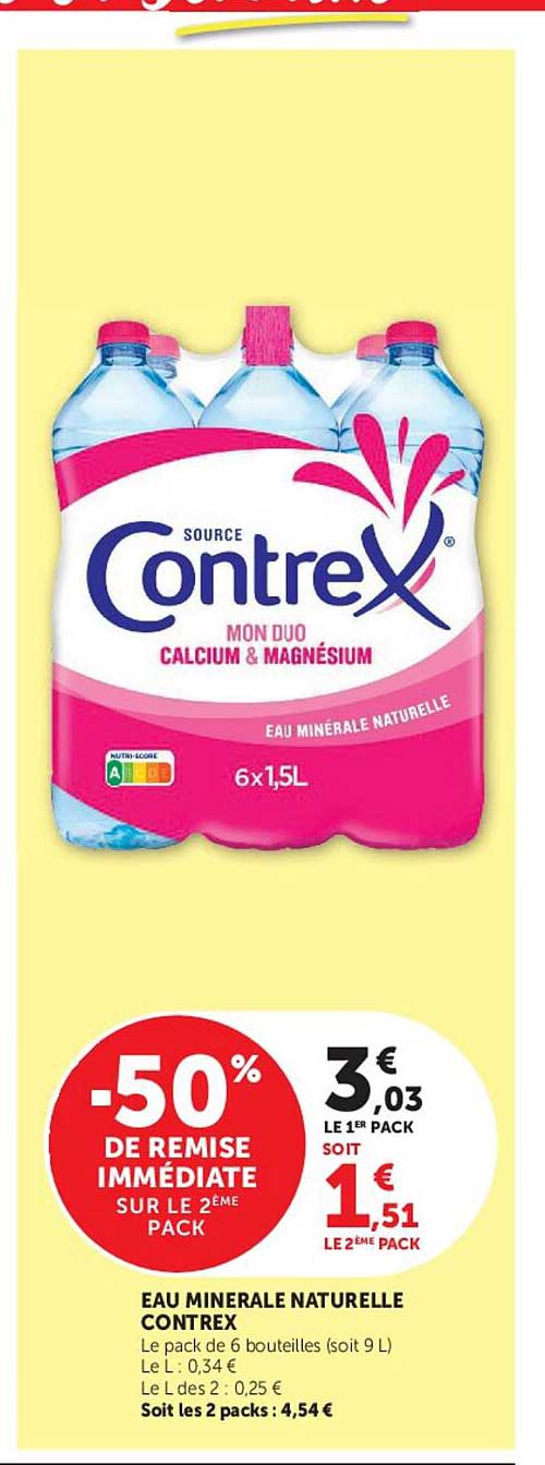 Eau minérale naturelle Contrex mon duo calcium & magnésium 6x1,5L -50% de remise immédiate sur le 2ème pack