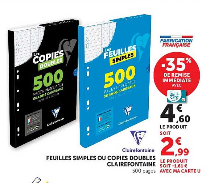 FEUILLES SIMPLES OU COPIES DOUBLES CLAIREFONTAINE 500 pages