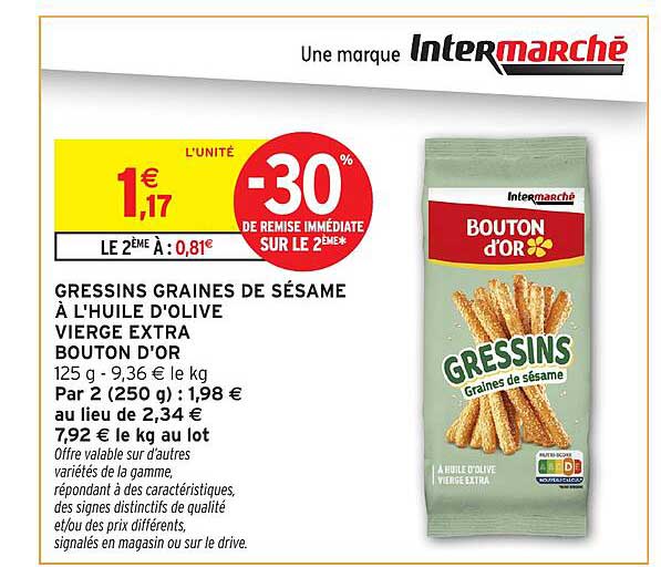 GRESSINS GRAINES DE SÉSAME À L’HUILE D’OLIVE VIERGE EXTRA BOUTON D’OR