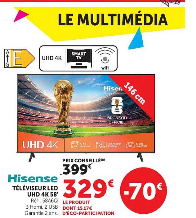 Hisense TÉLÉVISEUR LED UHD 4K 58'' Réf : 58A6Q