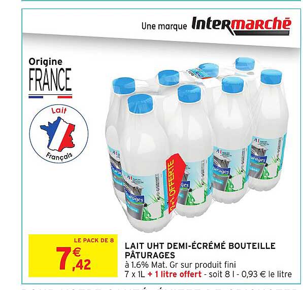 LAIT UHT DEMI-ÉCRÉMÉ BOUTEILLE PÂTURAGES