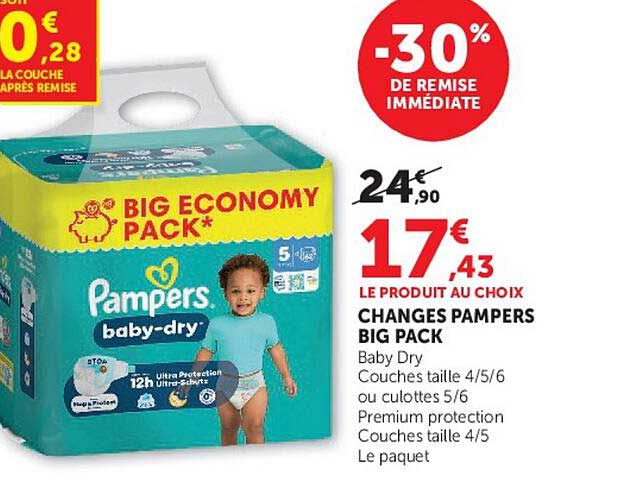 LE PRODUIT AU CHOIX PAMPERS BIG PACK Baby Dry Couches taille 4/5/6 ou culottes 5/6 Premium protection Couches taille 4/5 Le paquet