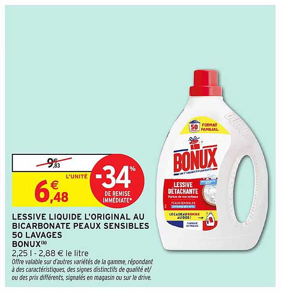 LESSIVE LIQUIDE L'ORIGINAL AU BICARBONATE PEAUX SENSIBLES 50 LAVAGES BONUX