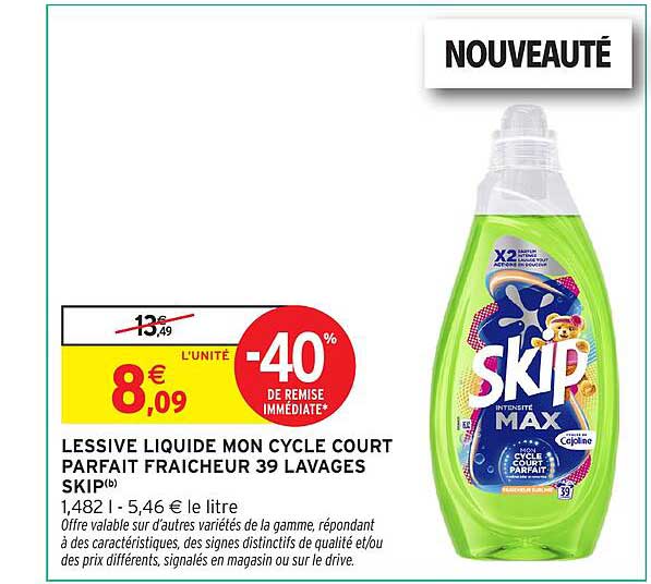 LESSIVE LIQUIDE MON CYCLE COURT PARFAIT FRAICHEUR 39 LAVAGES SKIP
