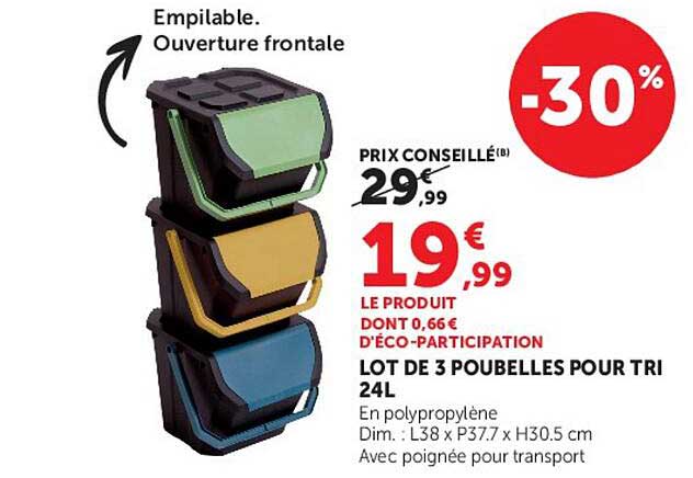 LOT DE 3 POUBELLES POUR TRI 24L