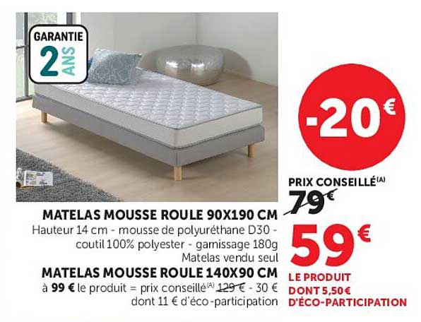 MATELAS MOUSSE ROULE 90X190 CM