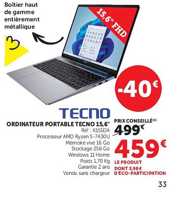 ORDINATEUR PORTABLE TECNO 15,6"