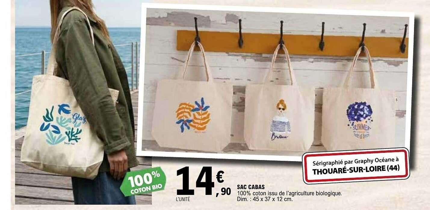 SAC CABAS 100% coton issu de l'agriculture biologique. Dim. : 45 x 37 x 12 cm.