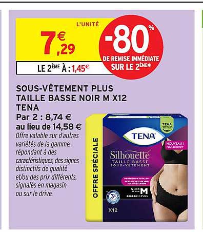 SOUS-VÊTEMENT PLUS TAILLE BASSE NOIR M X12 TENA