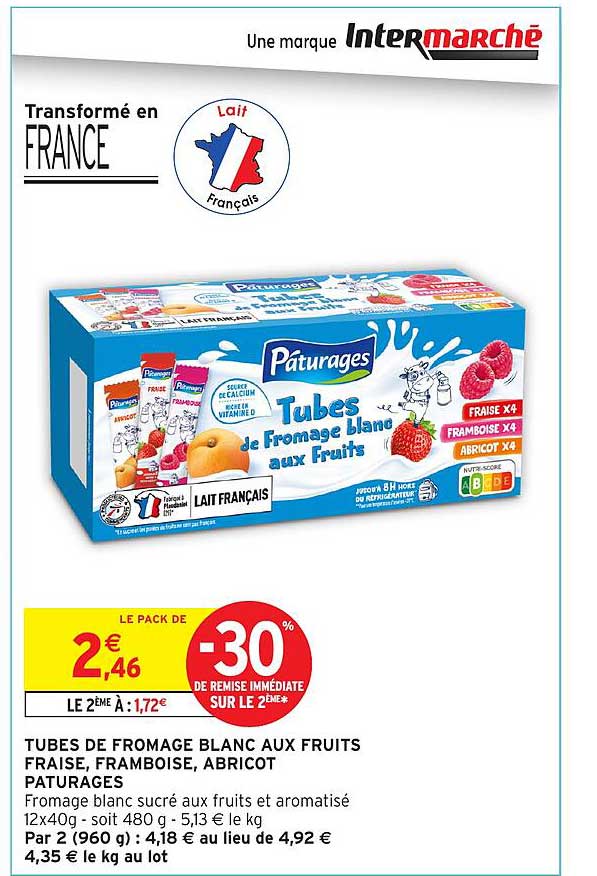 TUBES DE FROMAGE BLANC AUX FRUITS FRAISE, FRAMBOISE, ABRICOT PÂTURAGES
