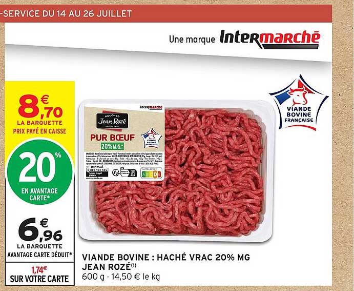 VIANDE BOVINE : HACHÉ VRAC 20% MG JEAN ROZÉ