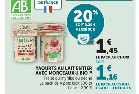 YAOURTS AU LAIT ENTIER AVEC MORCEAUX U BIO