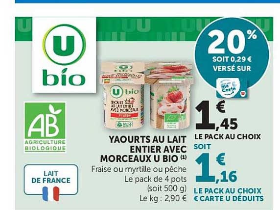 YAOURTS AU LAIT ENTIER AVEC MORCEAUX U BIO