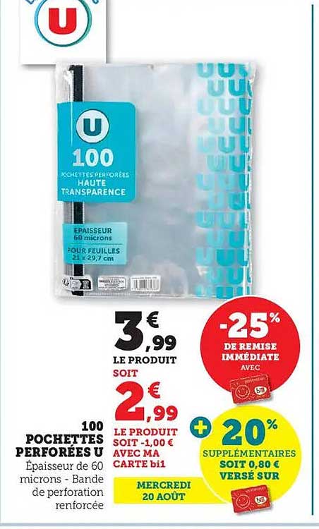 100 POCHETTES PERFORÉES U - ÉPAISSEUR DE 60 MICRONS