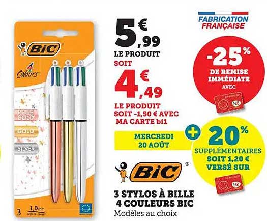 3 STYLOS À BILLE 4 COULEURS BIC