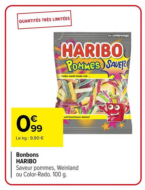 Bonbons HARIBO Saveur pommes, Weinland ou Color-Rado. 100 g.