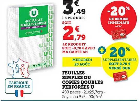 FEUILLES SIMPLES OU COPIES DOUBLES PERFORÉES U
