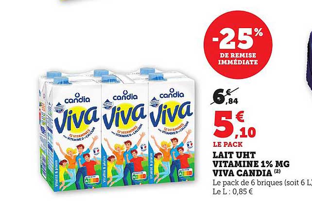 Lait UHT Vitamine 1% MG Viva Candia
