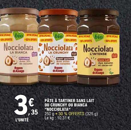 PÂTE À TARTINER SANS LAIT OU CRUNCHY OU BIANCA “NOCCIOLATA”