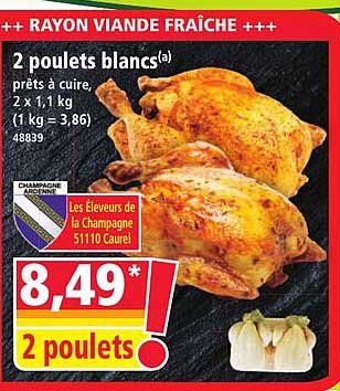 2 poulets blancs(a) prêts à cuire, 2 x 1,1 kg