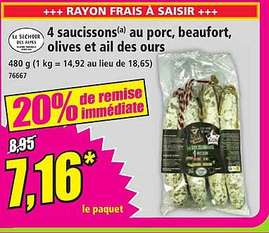 4 saucissons(a) au porc, beaufort, olives et ail des ours