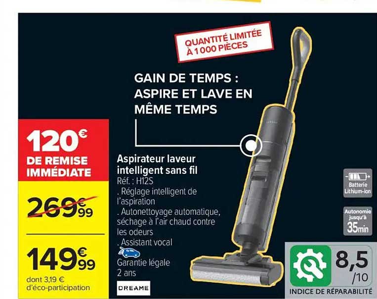 Aspire et lave en même temps : Aspirateur laveur intelligent sans fil
