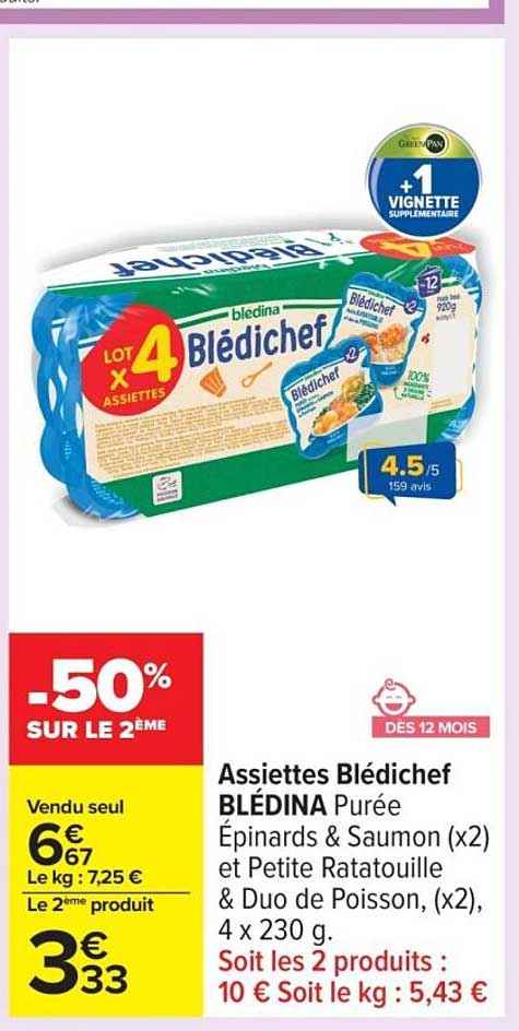 Assiettes Blédichef BLÉDINA Purée Épinards & Saumon (x2) et Petite Ratatouille & Duo de Poisson, (x2), 4 x 230 g