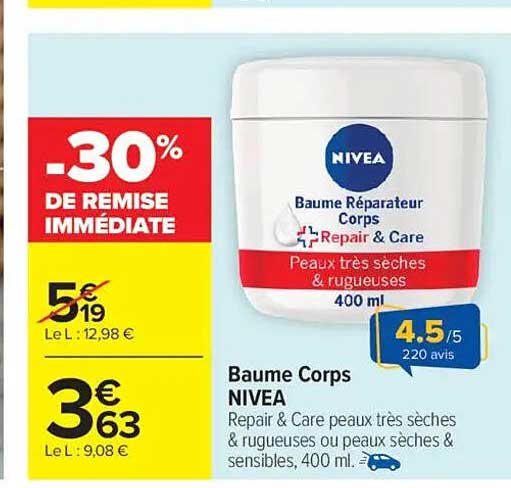 Baume Corps NIVEA -30% de remise immédiate