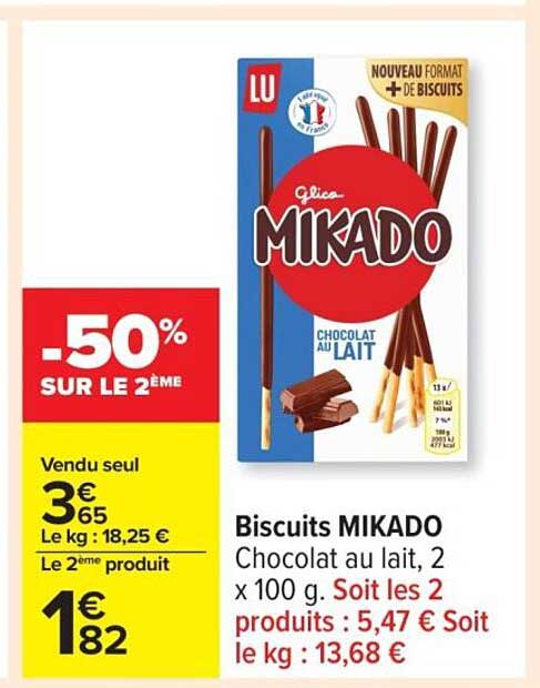 Biscuits MIKADO Chocolat au lait, 2 x 100 g