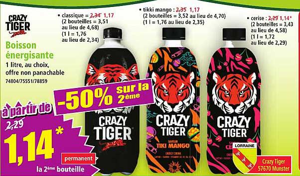 Boisson énergisante 1 litre au choix, offre non panachable