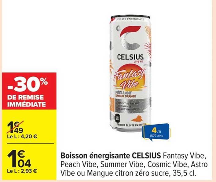 Boisson énergisante CELSIUS Fantasy Vibe, Peach Vibe, Summer Vibe, Cosmic Vibe, Astro Vibe ou Mangue citron zéro sucre, 35,5 cl.