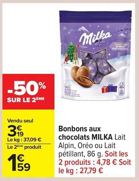 Bonbons aux chocolats MILKA Lait Alpin, Oréo ou Lait pétillant, 86 g.