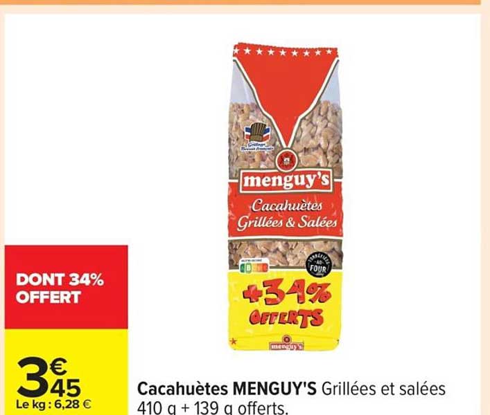 Cacahuètes MENGUY'S Grillées et salées 410 g + 139 g offerts