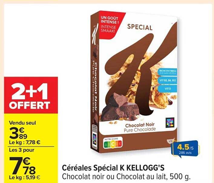 Céréales Spécial K KELLOGG'S Chocolat Noir ou Chocolat au lait, 500 g.