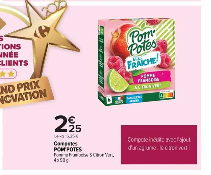 Compotes POM'POTES Pomme Framboise & Citron Vert, 4 x 90 g