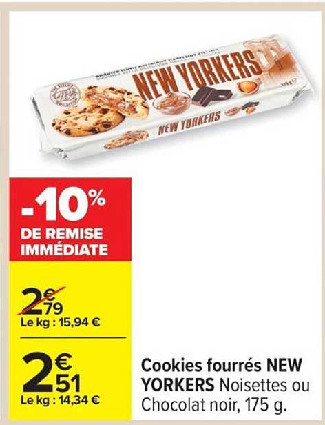Cookies fourrés NEW YORKERS Noisettes ou Chocolat noir, 175 g.
