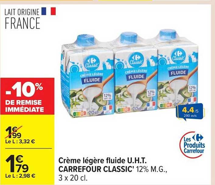 Crème légère fluide U.H.T. CARREFOUR CLASSIC' 12% M.G., 3 x 20 cl.
