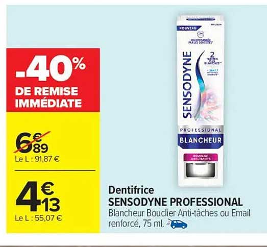 Dentifrice SENSODYNE PROFESSIONAL Blancheur Bouclier Anti-taches ou Email renforcé, 75 ml.
