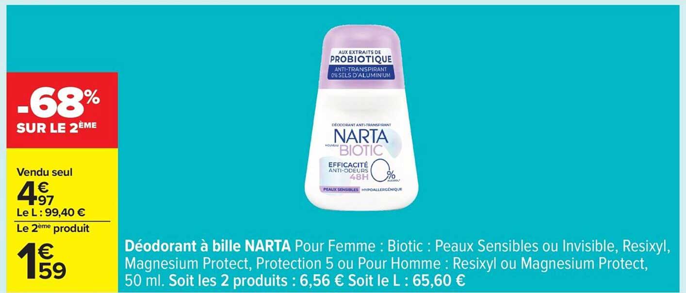 Déodorant à bille NARTA Pour Femme : Biotic : Peaux Sensibles ou Invisible