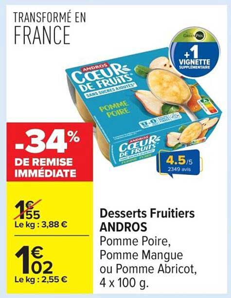 Desserts Fruitiers ANDROS Pomme Poire, Pomme Mangue ou Pomme Abricot, 4 x 100 g