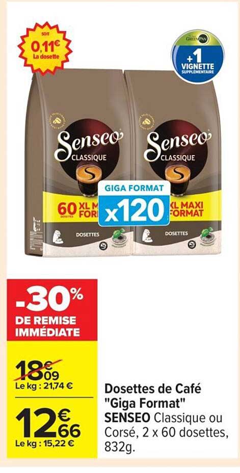 Dosettes de Café "Giga Format" SENSEO Classique ou Corsé, 2 x 60 dosettes, 832g.