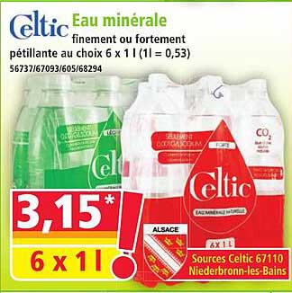 Eau minérale Celtic finement ou fortement pétillante au choix 6 x 1 l (1l = 0,53)