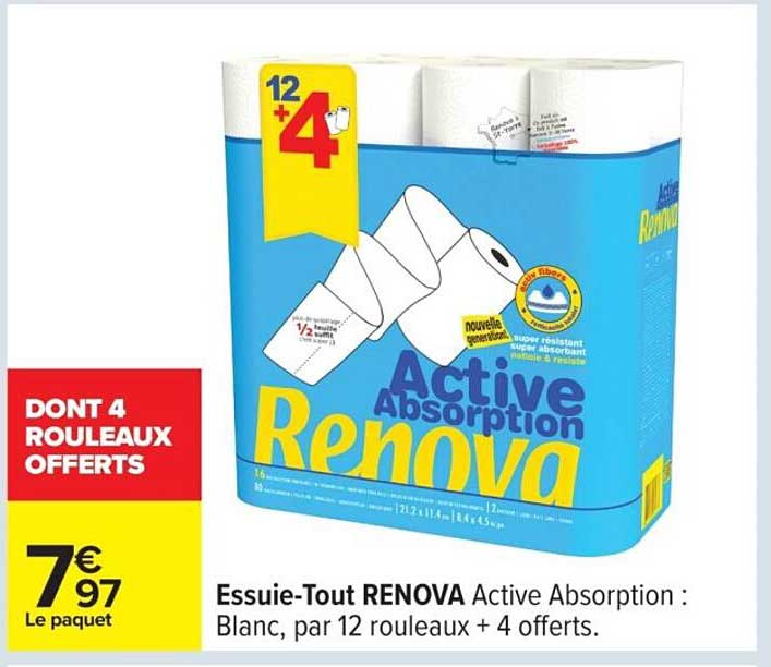 Essuie-Tout RENOVA Active Absorption : Blanc, par 12 rouleaux + 4 offerts.